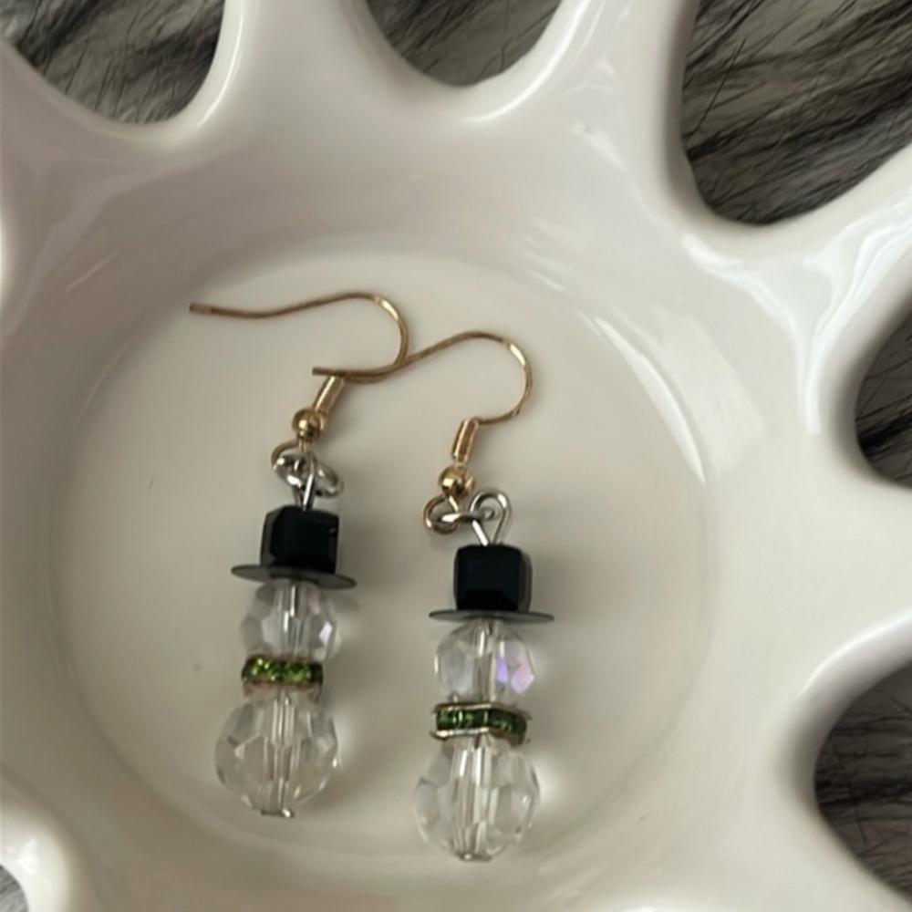 Gold-Tone Snowman Dangle Earrings with Green Accent